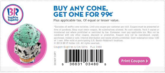 Baskin Robbins Coupon April 2024 Second ice cream cone for a buck at Baskin Robbins