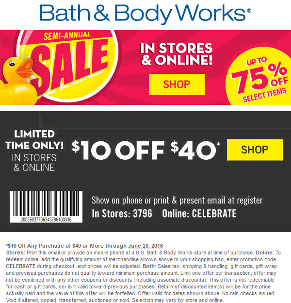 Bath & Body Works Coupon April 2024 $10 off $40 at Bath & Body Works, or online via promo code CELEBRATE