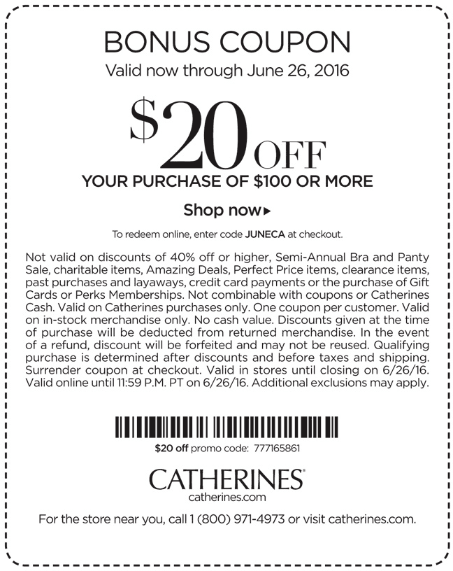 Catherines Coupon April 2024 $20 off $100 at Catherines, or online via promo code JUNECA