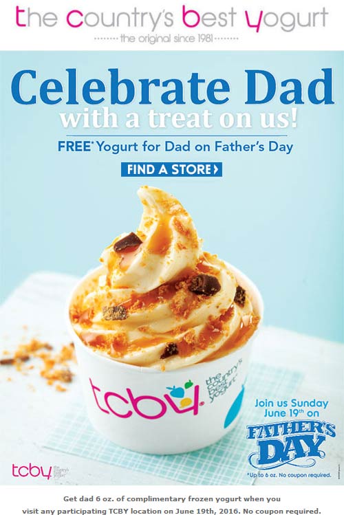 TCBY Coupon April 2024 Free yogurt for Dad Sunday at TCBY