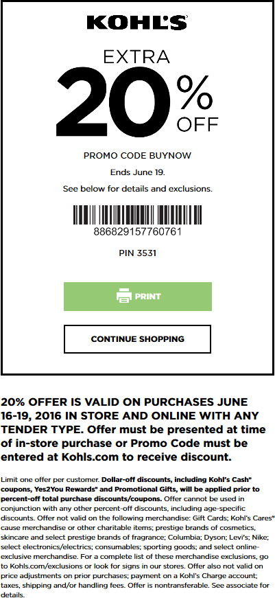 Kohls Coupon April 2024 20% off today at Kohls, or online via promo code BUYNOW