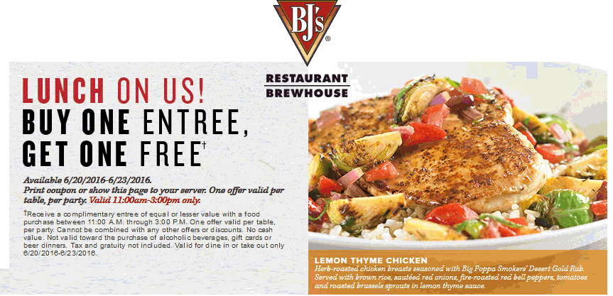 BJs Restaurant Coupon April 2024 Second lunch free at BJs Restaurant Brewhouse