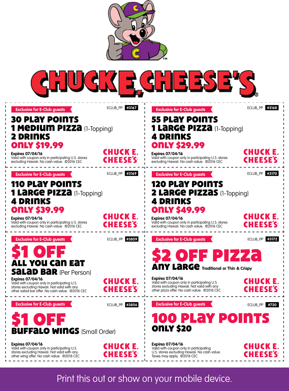 Chuck E. Cheese Coupon April 2024 30 tokens + pizza + 2 drinks = $20 & more at Chuck E. Cheese