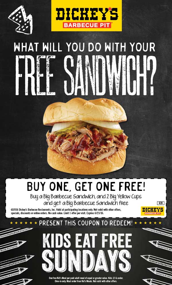 Dickeys Barbecue Pit Coupon March 2024 Second sandwich free at Dickeys Barbecue Pit