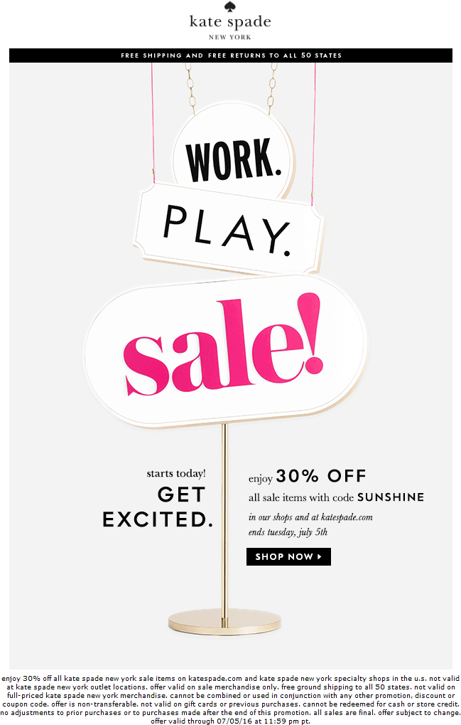 Kate Spade Coupon April 2024 Extra 30% off sale items at Kate Spade, or online via promo code SUNSHINE