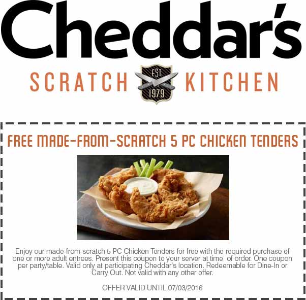 Cheddars Coupon April 2024 Free 5pc chicken tenders with your entree at Cheddars scratch kitchen restaurants