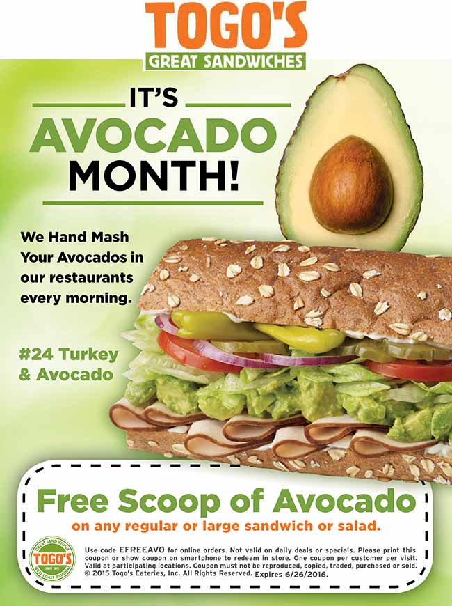 Togos Coupon April 2024 Free avocado scoop with your sandwich or salad at Togos