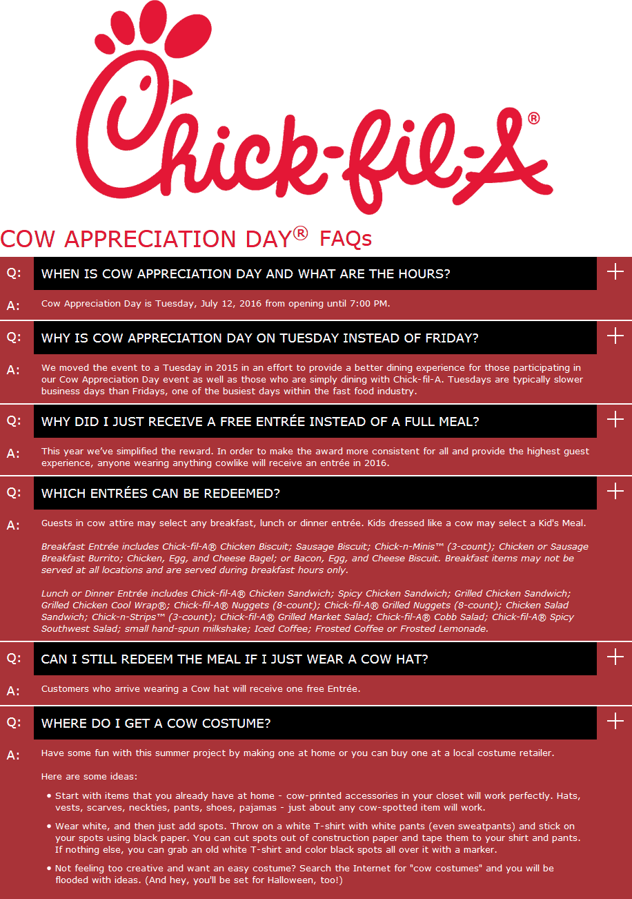 Chick-fil-A Coupon April 2024 Free entree for cow-dressers the 12th at Chick-fil-A