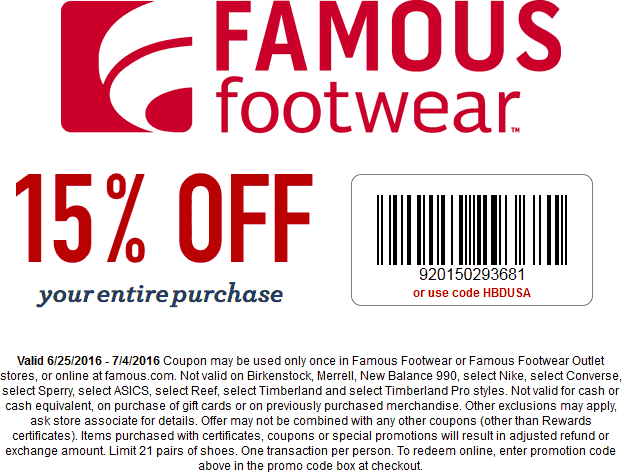 Famous Footwear Coupon April 2024 15% off at Famous Footwear, or online via promo code HBDUSA