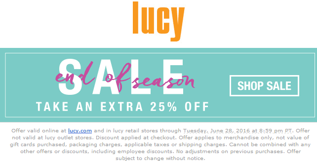 Lucy Coupon April 2024 Extra 25% off sale items at Lucy, ditto online