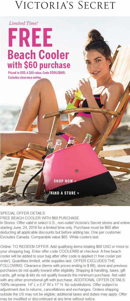 Victorias Secret Coupon April 2024 Free beach cooler with $60 spent at Victorias Secret, or online via promo code COOLER60