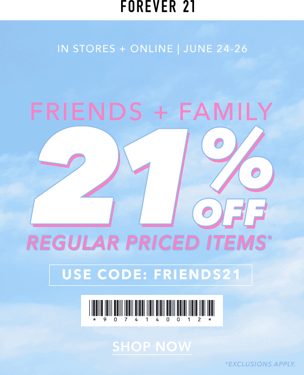 Forever 21 Coupon April 2024 21% off today at Forever 21, or online via promo code FRIENDS21
