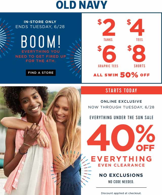 Old Navy Coupon April 2024 40% off everything online at Old Navy, no code needed