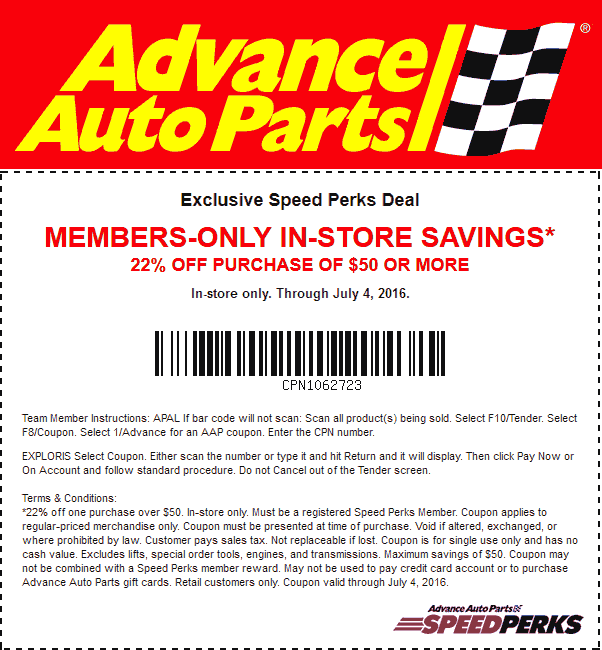 Advance Auto Parts Coupon April 2024 22% off $50 at Advance Auto Parts, or online via promo code USA16SP