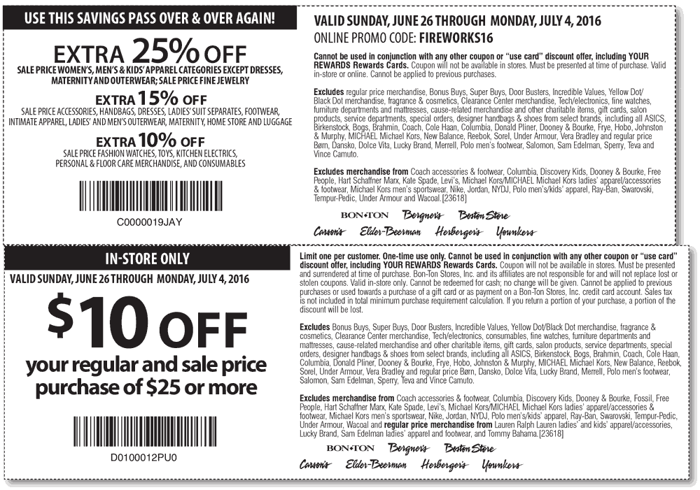 Carsons Coupon April 2024 $10 off $25 & more at Carsons, Bon Ton & sister stores, or 25% off online via promo FIREWORKS16