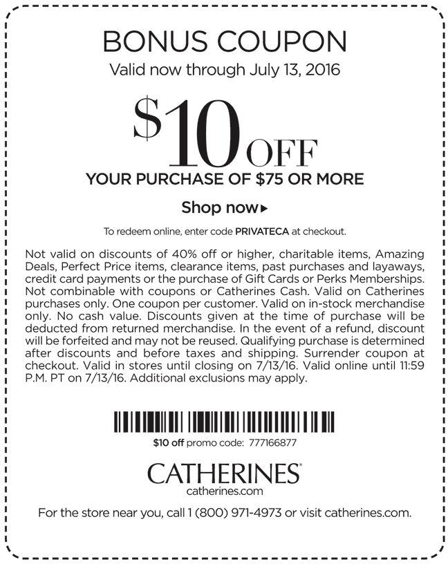 Catherines Coupon March 2024 $10 off $75 at Catherines, or online via promo code PRIVATECA