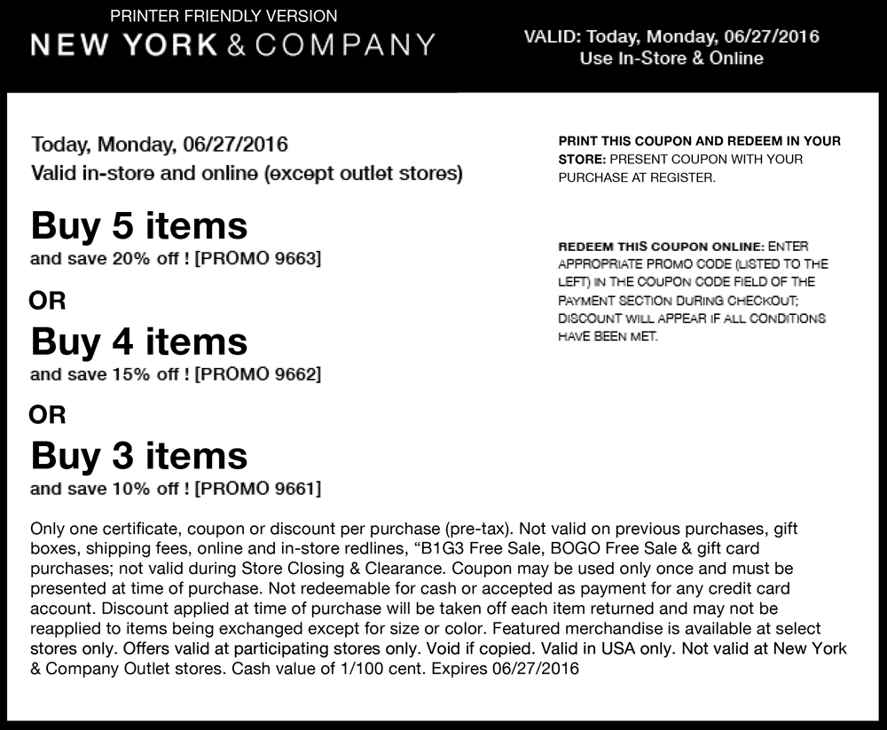 New York & Company Coupon April 2024 10-20% off today at New York & Company, or online via promo code 9661