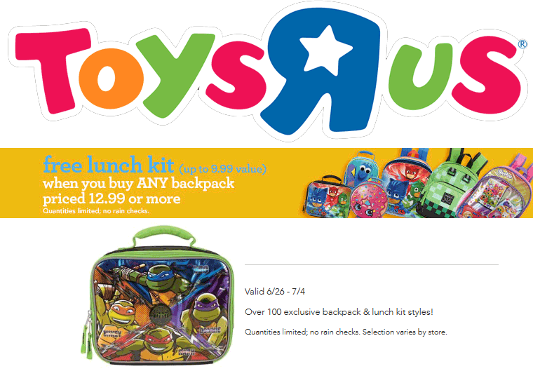 Toys R Us Coupon April 2024 Free $10 lunch box with your backpack at Toys R Us, ditto online
