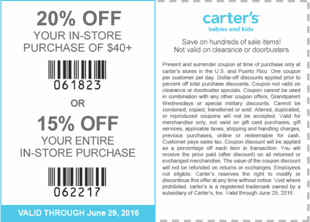 Carters Coupon April 2024 15-20% off at Carters, or online via promo code CAR63016
