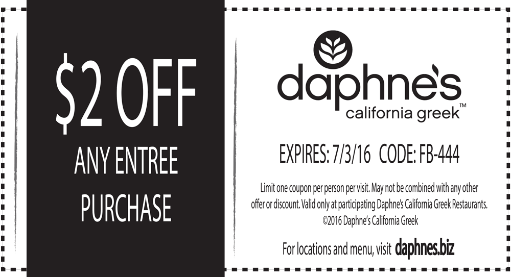 Daphnes Coupon April 2024 $2 off an entree at Daphnes California Greek restaurants