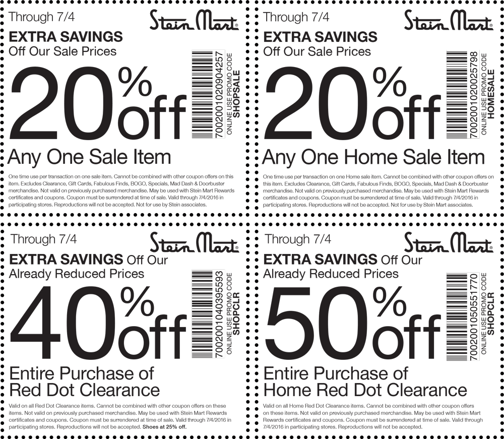 Stein Mart Coupon April 2024 Extra 20% off a single sale item & more at Stein Mart, or online via promo code SHOPSALE