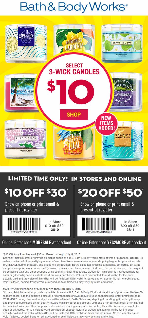 Bath & Body Works Coupon April 2024 $10 off $30 & more at Bath & Body Works, or online via promo code MORESALE