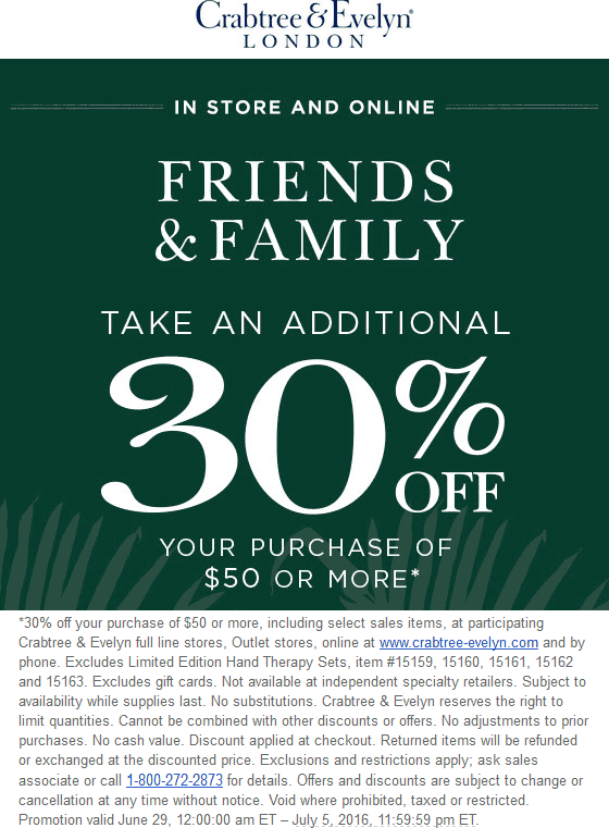 Crabtree & Evelyn Coupon April 2024 30% off $50 at Crabtree & Evelyn, ditto online
