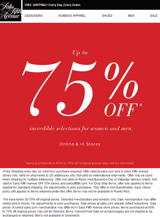 Saks Fifth Avenue Coupon April 2024 75% off clearance going on at Saks Fifth Avenue, ditto online
