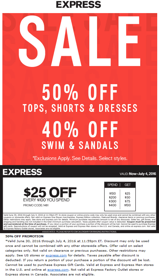 Express Coupon April 2024 50% off + $25 off every $100 at Express, or online via promo code 1461