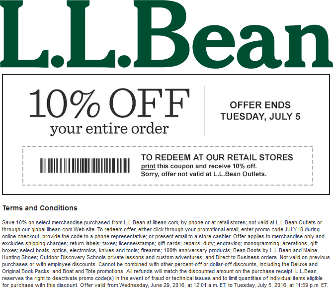 L.L. Bean Coupon April 2024 10% off at L.L. Bean, or online via promo code JULY10