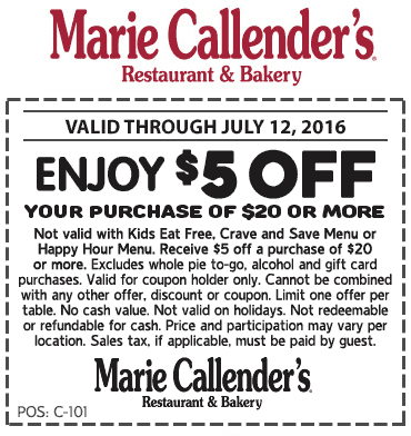 Marie Callenders Coupon April 2024 $5 off $20 at Marie Callenders restaurant & bakery