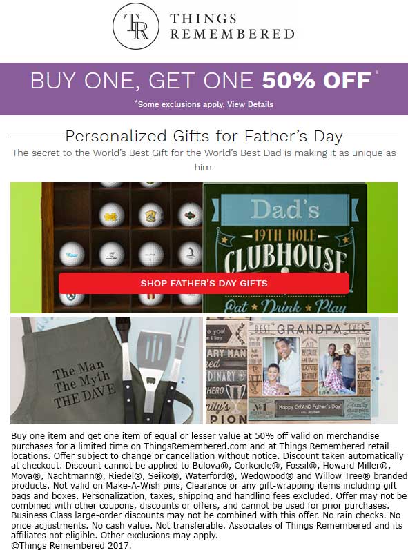 Things Remembered Coupon April 2024 Second item 50% off at Things Remembered, ditto online
