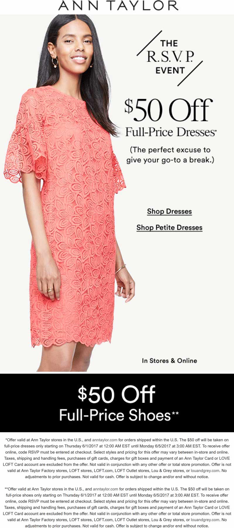 Ann Taylor Coupon April 2024 $50 off dresses & shoes at Ann Taylor, ditto online