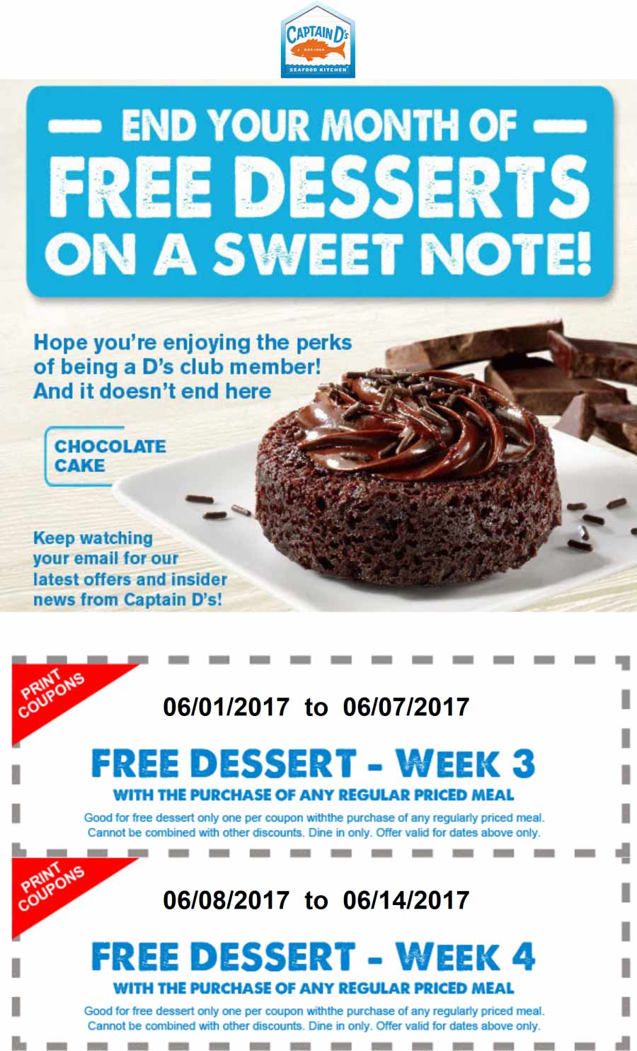 Captain Ds Coupon March 2024 Free dessert with your meal at Captain Ds