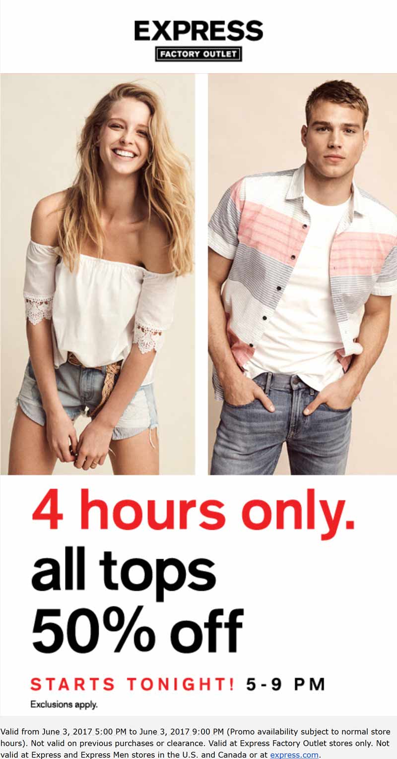 Express Factory Outlet Coupon April 2024 Tops are 50% off 5-9p tonight at Express Factory Outlet