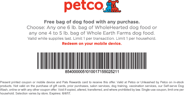 Petco Coupon April 2024 6lb bag of dog food free with any purchase at Petco