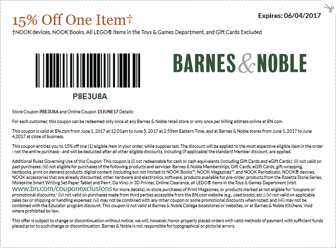 Barnes & Noble Coupon April 2024 15% off a single item today at Barnes & Noble, or online via promo code P8E3U8A