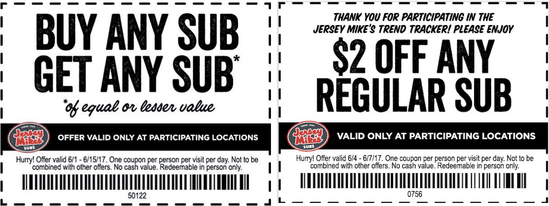Jersey Mikes Coupon April 2024 Second sub sandwich free at Jersey Mikes