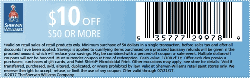 Sherwin Williams Coupon April 2024 $10 off $50 at Sherwin Williams paints & stains