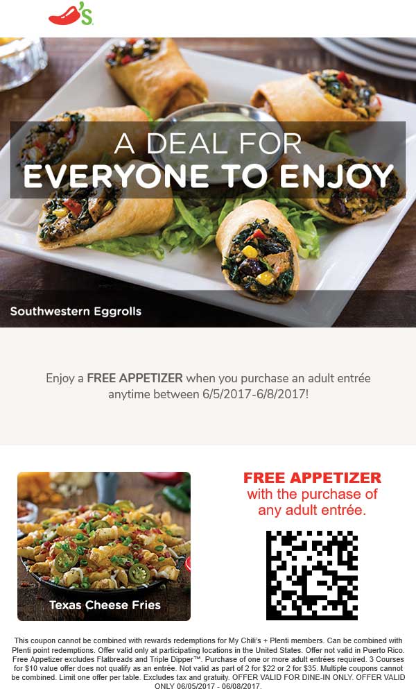 Chilis Coupon April 2024 Free appetizer with your entree at Chilis