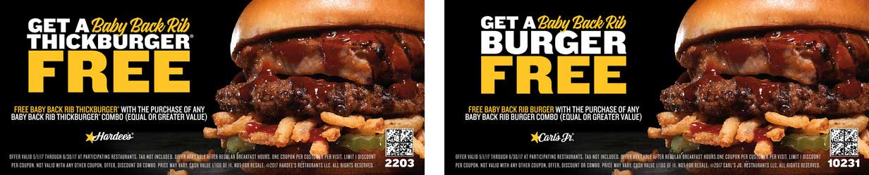Hardees Coupon April 2024 Second baby back rib burger free at Carls Jr. & Hardees restaurants