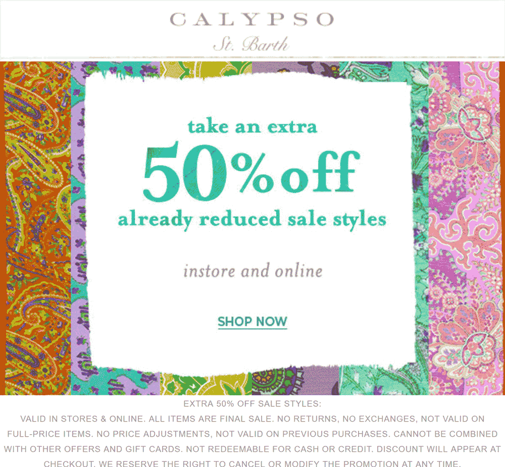 Calypso St. Barth Coupon March 2024 Extra 50% off sale items at Calypso St. Barth, ditto online