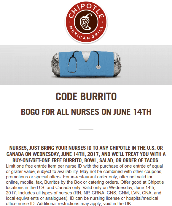 Chipotle Coupon April 2024 Nurses enjoy a second burrito free the 14th at Chipotle