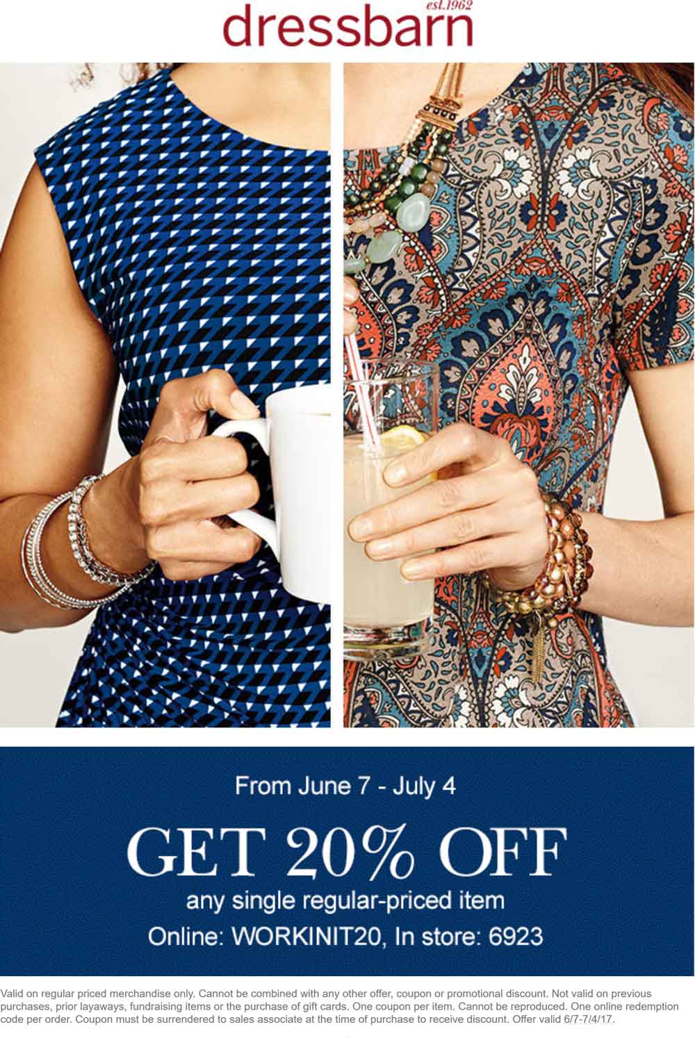Dressbarn Coupon April 2024 20% off a single item at Dressbarn, or online via promo code WORKINIT20
