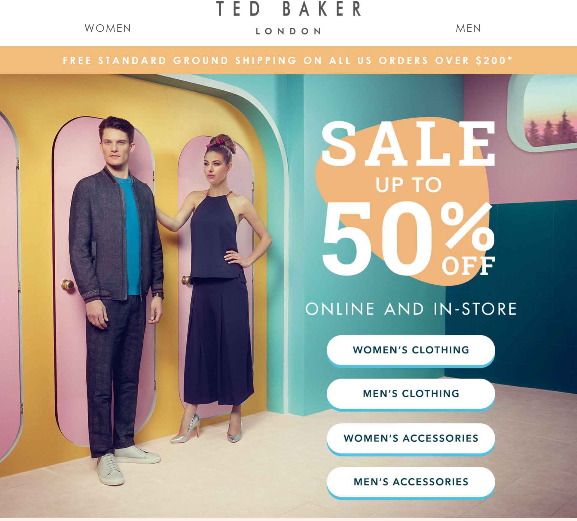 Ted Baker Coupon April 2024 50% off sale going on at Ted Baker, ditto online