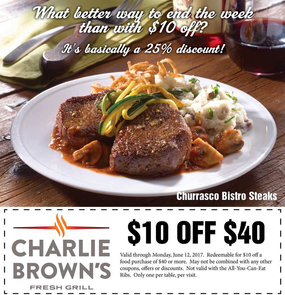 Charlie Browns Coupon March 2024 $10 off $40 at Charlie Browns fresh grill