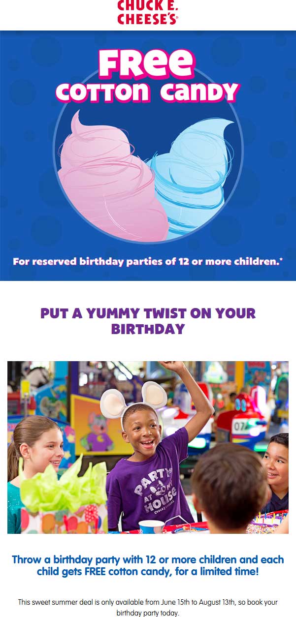 Chuck E. Cheese Coupon April 2024 Free cotton candy for birthday parties at Chuck E. Cheese pizza
