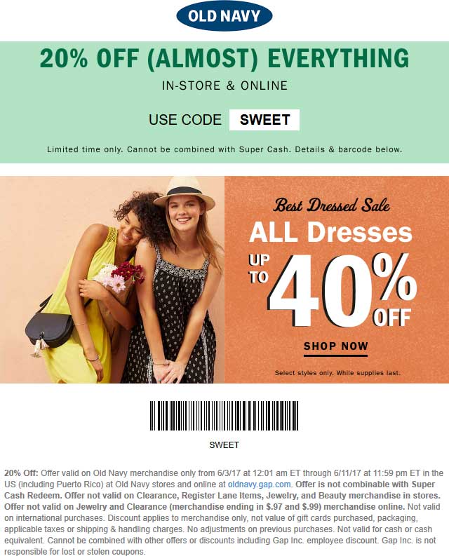 Old Navy Coupon April 2024 20% off at Old Navy, or online via promo code SWEET