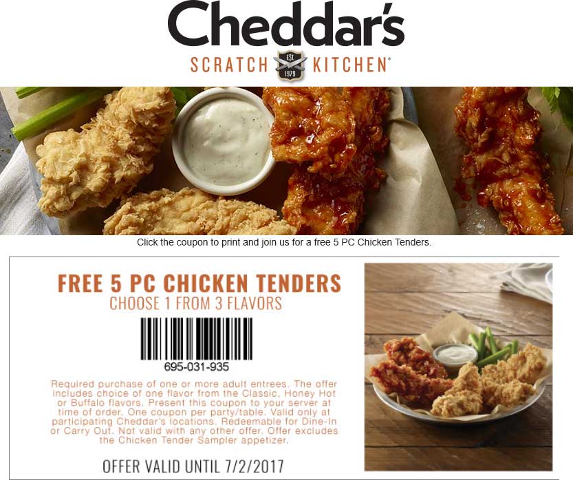 Cheddars Scratch Kitchen Coupon April 2024 5pc chicken tenders free with your entree at Cheddars Scratch Kitchen