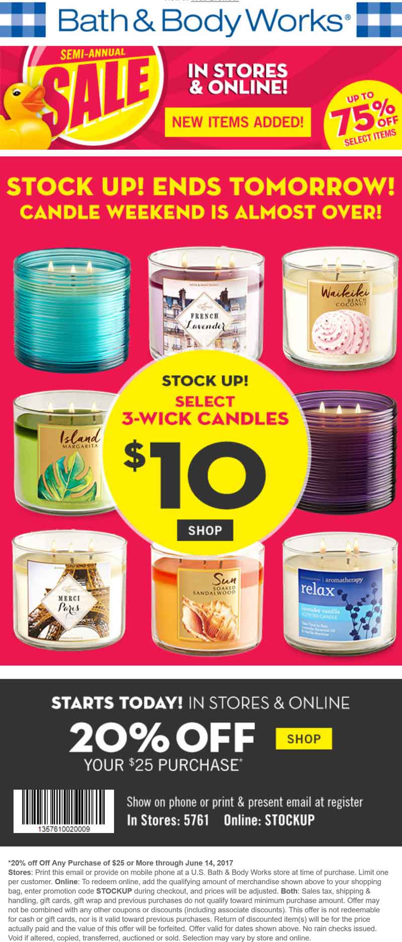 Bath & Body Works Coupon April 2024 20% off $25 at Bath & Body Works, or online via promo code STOCKUP